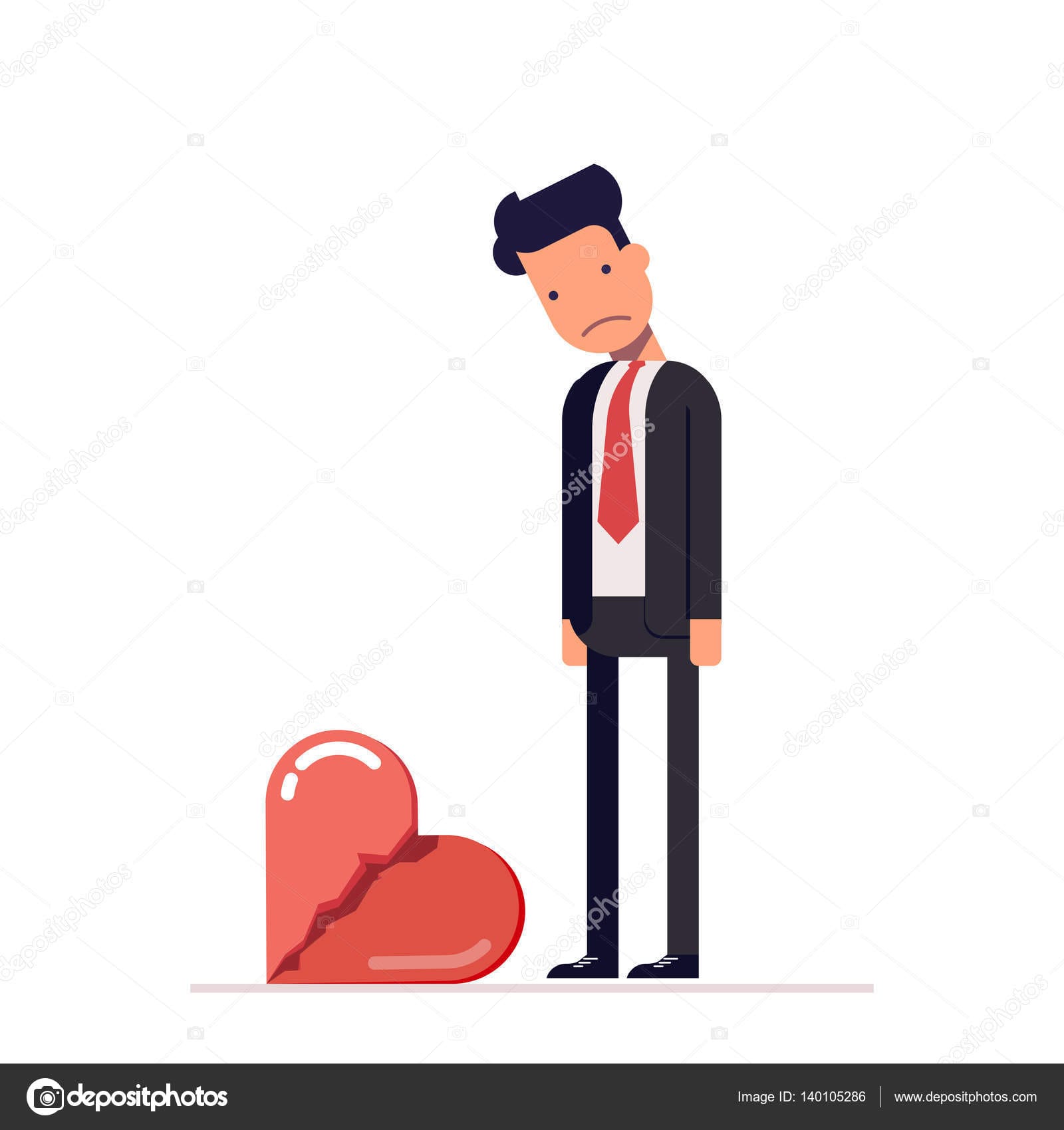 Broken heart. Sad man in a business suit. Divorce in the family. The loss of his beloved. Dead love. Cartoon character in flat style isolated on white background. Vector, illustration EPS10